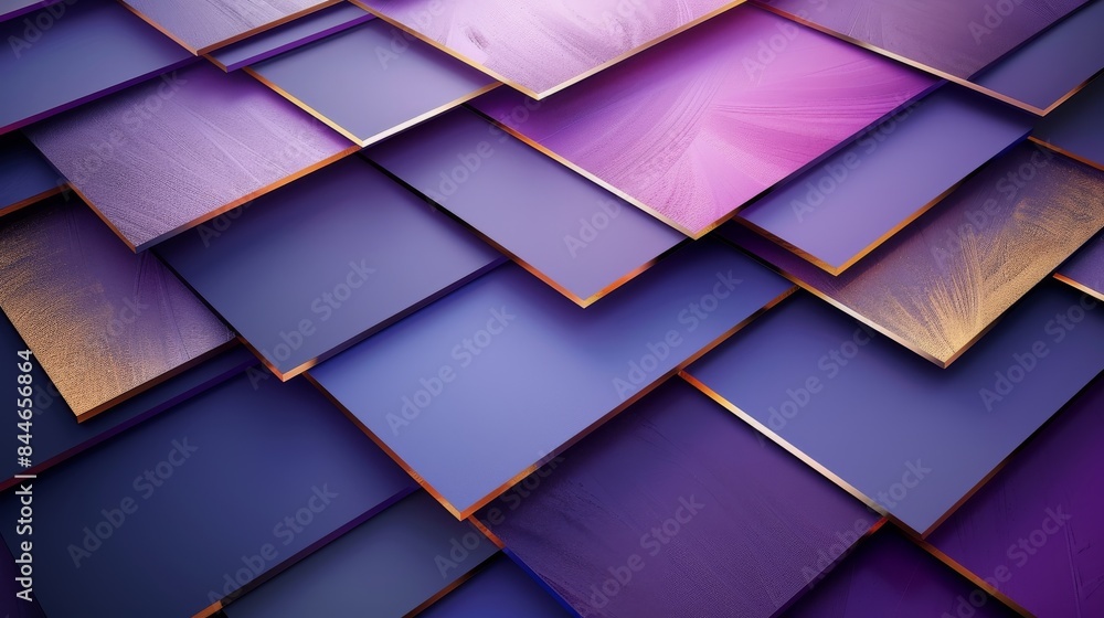 Poster image of a three-dimensional array of angled blue and purple tiles with golden edges