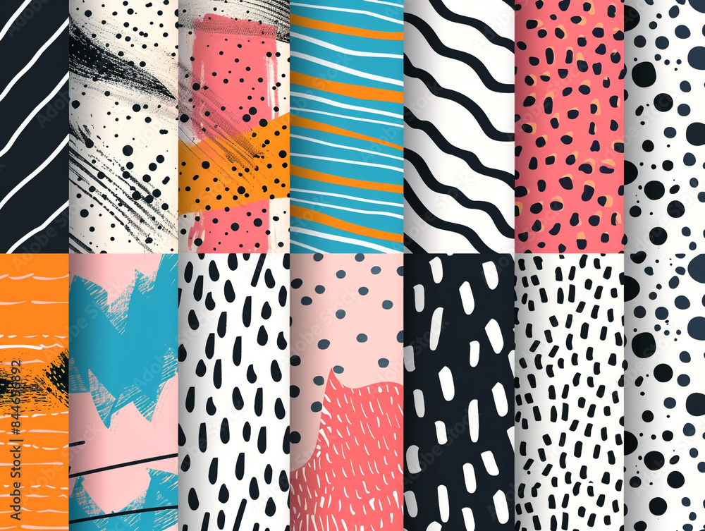 Poster abstract hand drawn geometric simple minimalistic seamless patterns set.