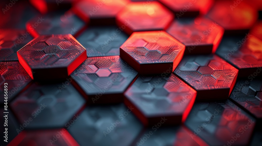 Poster detailed red and black hexagonal shapes creating a geometric pattern