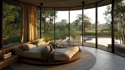 Atmospheric contemporary bedroom, round bed and outdoor view, skay