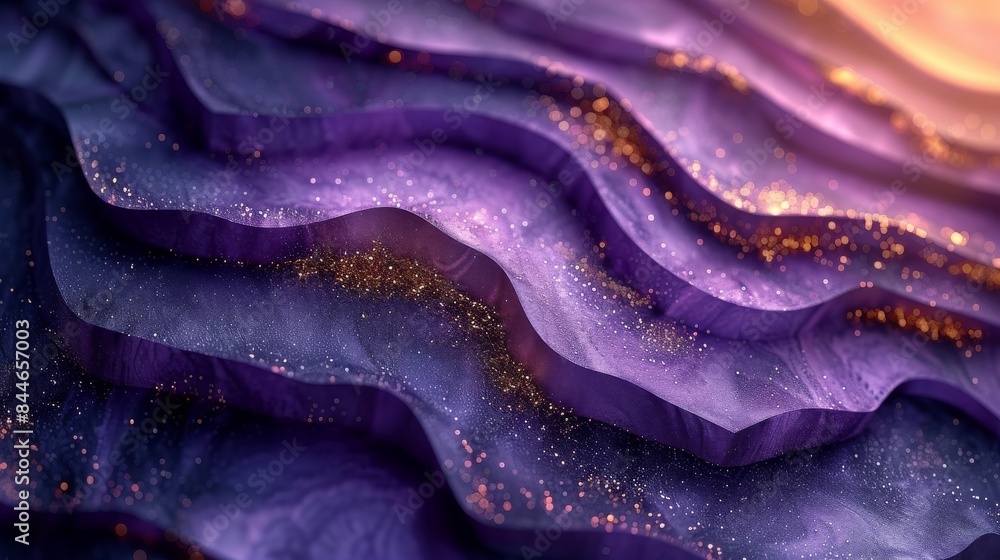 Poster close-up of undulating purple fabric patterns highlighted by golden sparkles and lighting effects