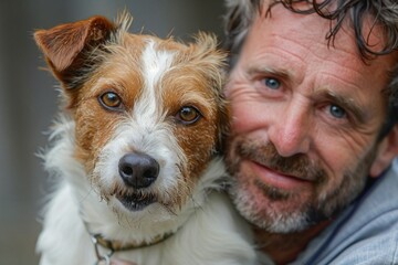A man and Jack Russell who look alike. Mans best friend, care for animals.