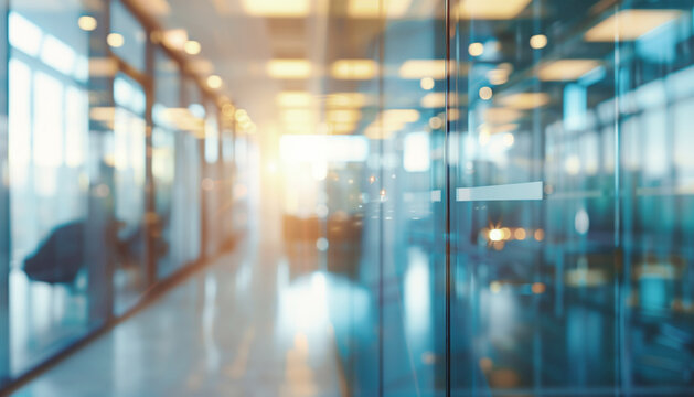 A blurry view of a modern office space with glass doors and windows, featuring natural light and bright colors.