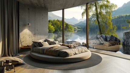 Fototapeta premium Atmospheric contemporary bedroom, round bed and outdoor view, skay