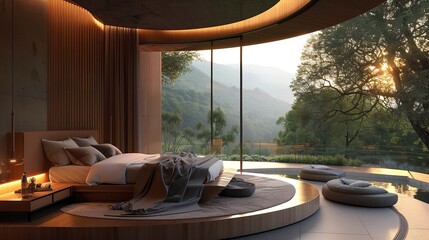 Fototapeta premium Atmospheric contemporary bedroom, round bed and outdoor view, skay