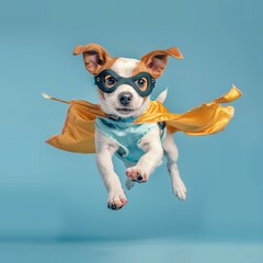 superhero dog, Cute pound puppy with a yellow cape cloak and mask jumping and flying on light blue background with copy space. The concept of a superhero, super cat, leader, funny animal studio shot