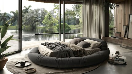 Fototapeta premium Atmospheric contemporary bedroom, round bed and outdoor view, skay