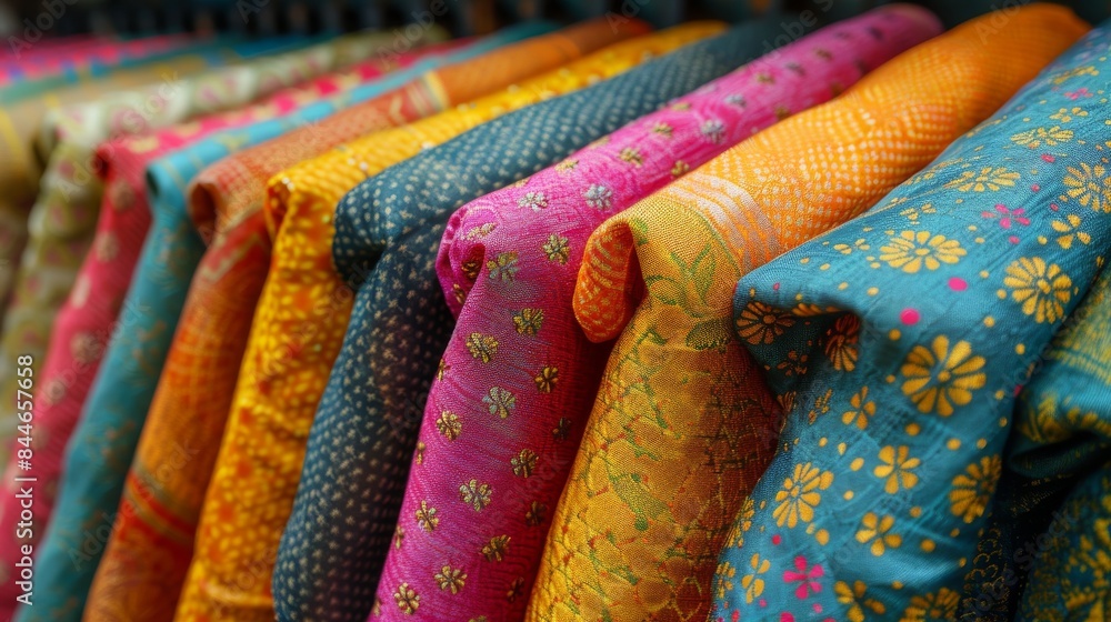 Poster rows of colorful fabric rolls showcasing various beautiful patterns and textures, ideal for tailorin