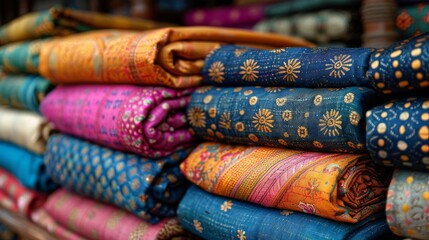 Fototapeta premium Stacked vibrant traditional fabrics with intricate patterns, showcasing textile diversity