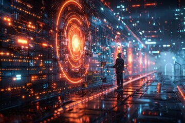 Obraz premium A person interacting with a high-tech control room wall filled with glowing digital interfaces and advanced technology displays