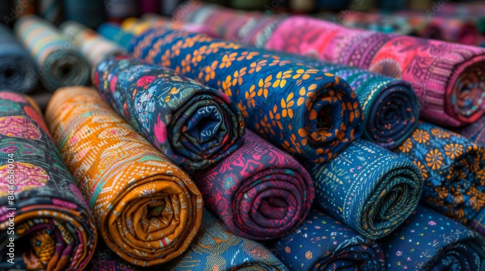 Poster assorted colorful patterned textile fabrics rolled and arranged for display, highlighting craft and 