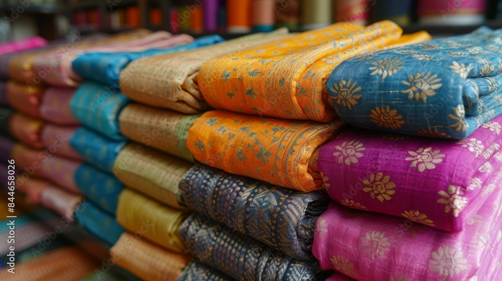 Poster luxuriously stacked bolts of fabric presenting a beautiful array of colors and textures for selectio