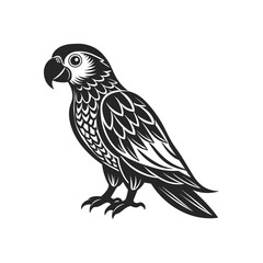 Tropical parrot bird. Black silhouette on a white background. Engraving, tattoo. Illustration