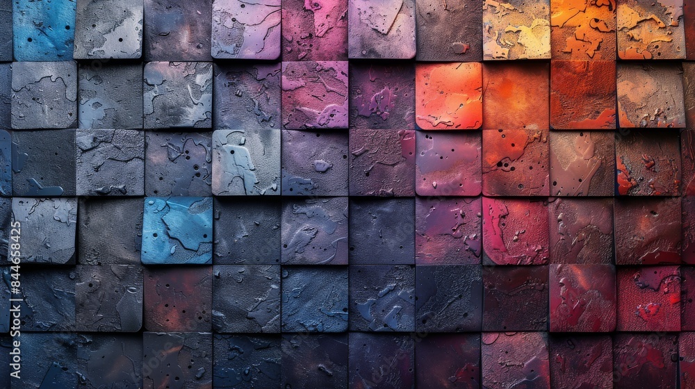 Poster dynamic image of multicolored water droplets on a textured, gradient surface creating a lively and a