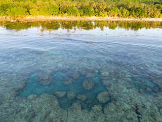 Calm water bathes the scenic coast of a remote island in the Forgotten Islands of eastern Indonesia. This beautiful region harbors extraordinary marine biodiversity.