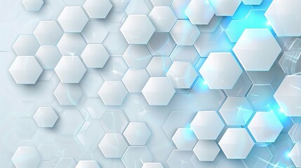 A white 3D hexagonal technology vector abstract background is illustrated featuring blue bright energy flashes under hexagons in a modern technology futuristic design against a white