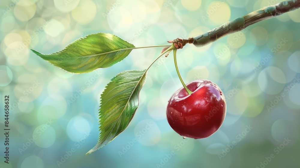Poster an illustration of a cherry hanging from a branch with a single leaf created in 2d format