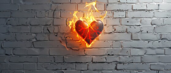 burning heart on a white brick background