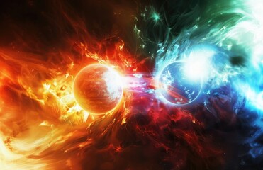 Obraz premium Cosmic Collision. Colorful depiction of two proton particles colliding on black background.