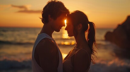 Fototapeta premium Lovely couple bonding at the beach in summer. Romantic male and female looking each other into eyes during the sunset. Beauty
