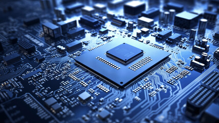 Close-up of a high-tech circuit board with a central processor unit (CPU)