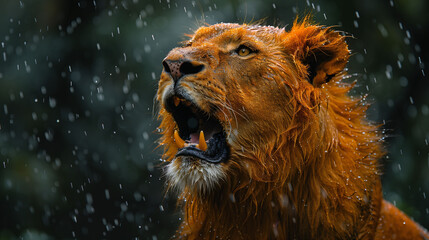 Naklejka premium Close up Lion roaring in the rain. Photography wildlife