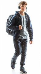 Naklejka premium A boy student walking around with wired earphones, full body shot, white background