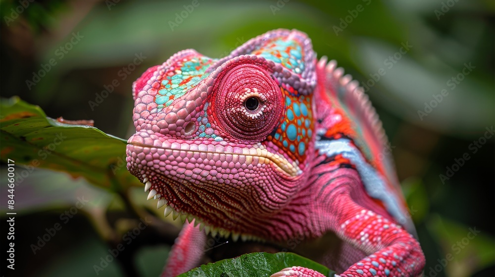 Poster a vivid chameleon is captured in great detail amongst green foliage, its skin showing an array of co