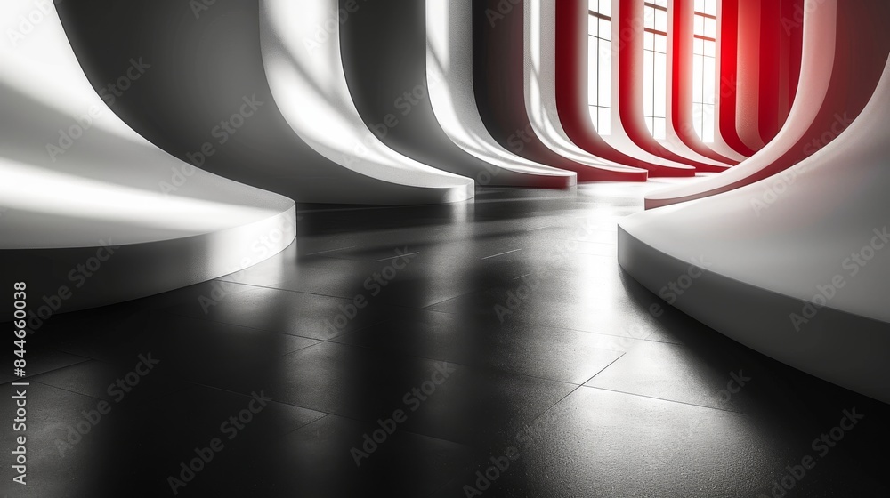 Poster stark contrasts and curving lines define modern architecture with bright red highlights in a monochr