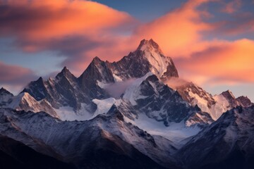Majestic Sunset Over Snow-Capped Mountain Peaks With Glowing Clouds. Generative AI