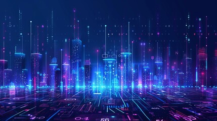 Obraz premium An illustration depicts a digital cityscape with digit number elements symbolizing the concept of smart city and digital transformation