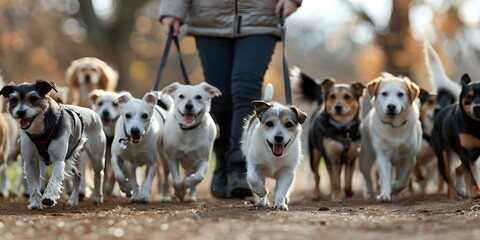 Dog walker leading a pack of dogs on a park stroll. Concept Dog Walking, Park Stroll, Pack of Dogs, Pet Care, Outdoor Adventure