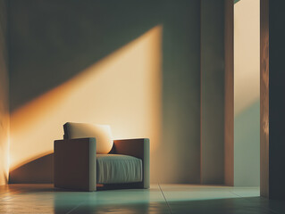 Ein Foto eines minimalistischen Innenraums mit klaren Linien, schlichten Möbeln und einem monochromen Farbschema. In einem diffusen Licht.