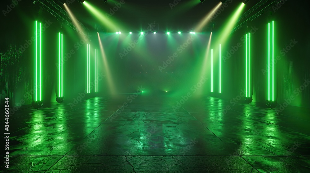 Poster an illustration in 3d rendering features a dark background stage with colorful neon green lights and