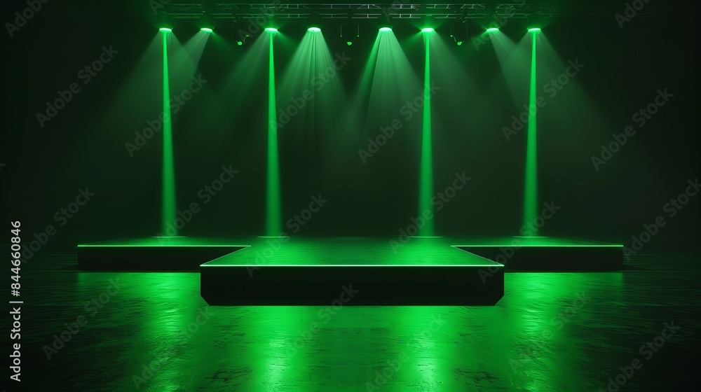 Poster an illustration in 3d rendering features a dark background stage with colorful neon green lights and