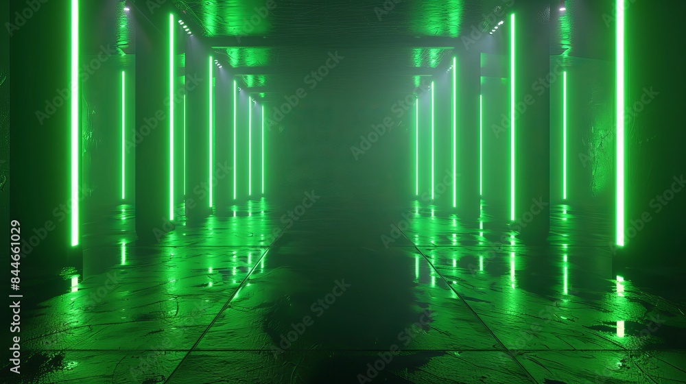 Poster an illustration in 3d rendering features a dark background stage with colorful neon green lights and
