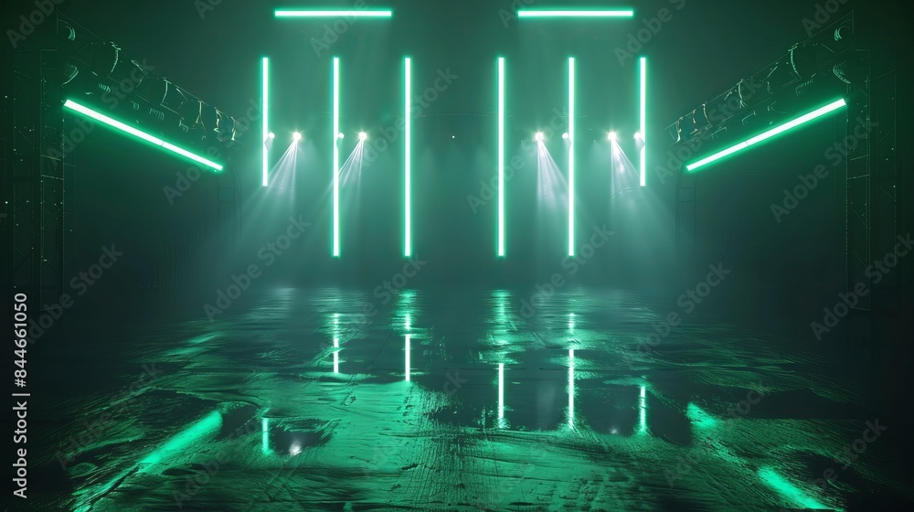 Poster an illustration in 3d rendering features a dark background stage with colorful neon green lights and