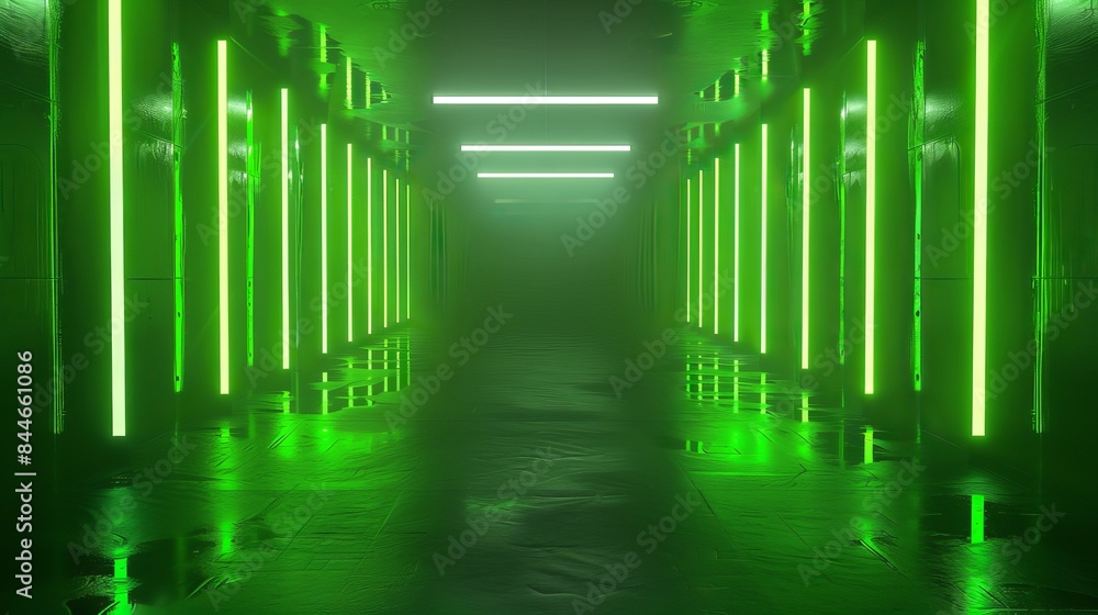 Poster an illustration in 3d rendering features a dark background stage with colorful neon green lights and