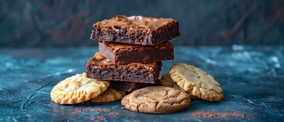 chocolate brownies and vanilla cookies, on a dark blue background 
