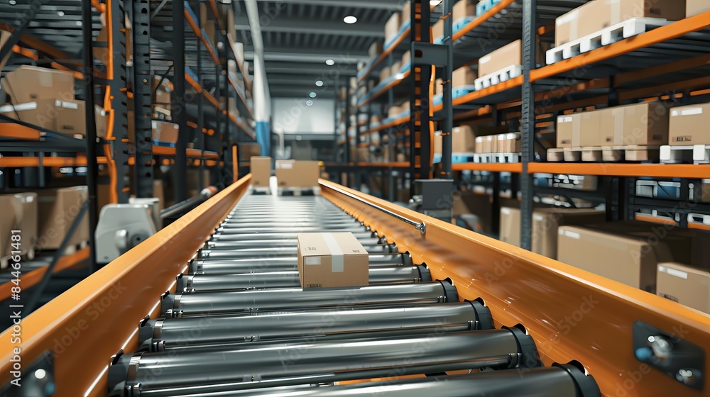 Poster this 3d image presents a conveyor belt with boxes depicting a warehouse logistics system with fulfil