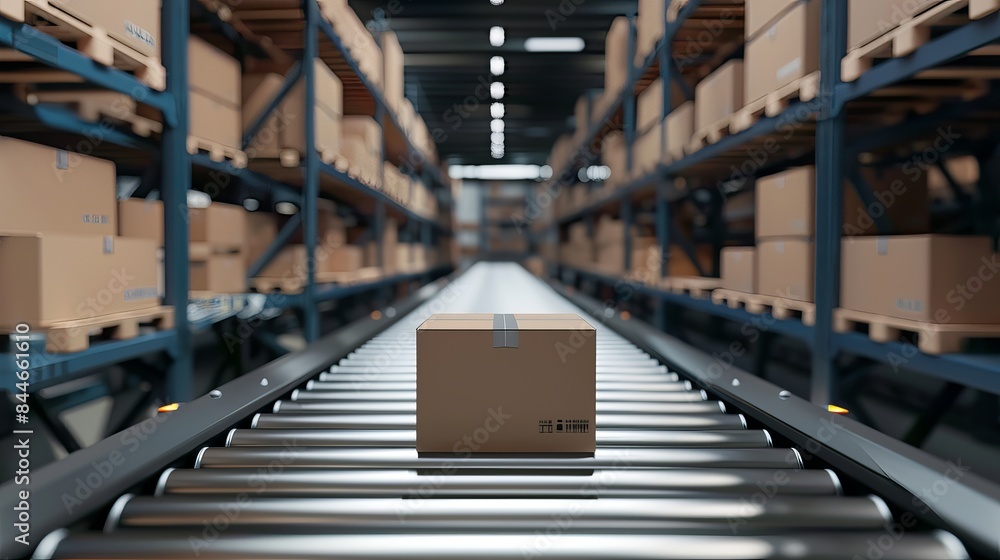 Poster this 3d image presents a conveyor belt with boxes depicting a warehouse logistics system with fulfil