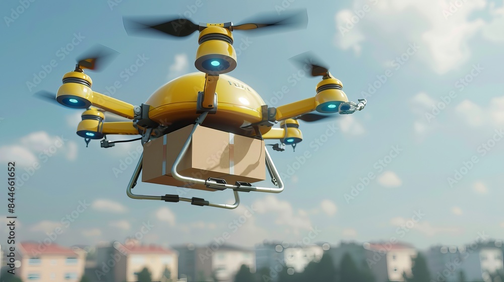Poster this 3d rendering displays a yellow smart copter flying with a package box in the sky from a side vi