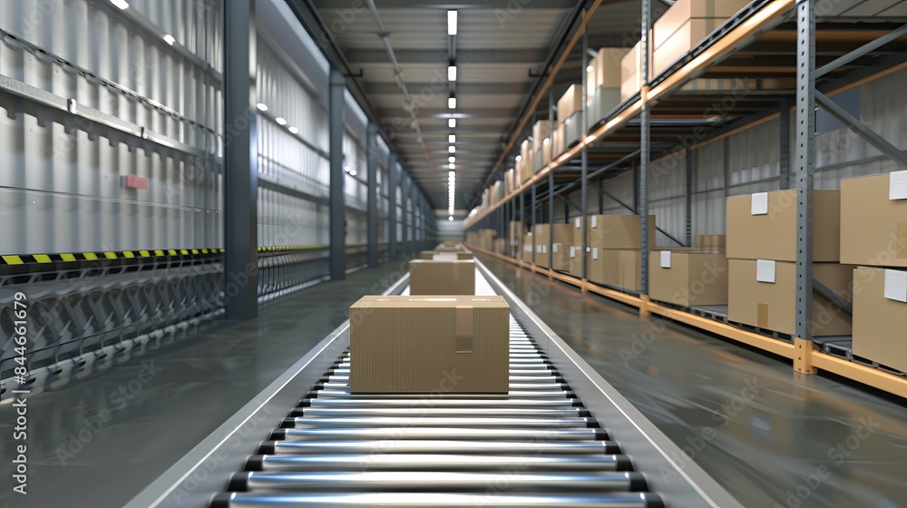Poster this 3d image presents a conveyor belt with boxes depicting a warehouse logistics system with fulfil