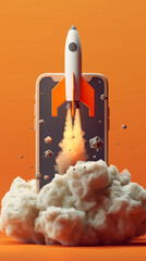 Rocket launching through smartphone with smoke on orange background