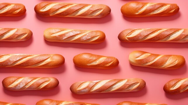 Golden Crusted Baguettes Lined Up on Coral Surface. Generative AI