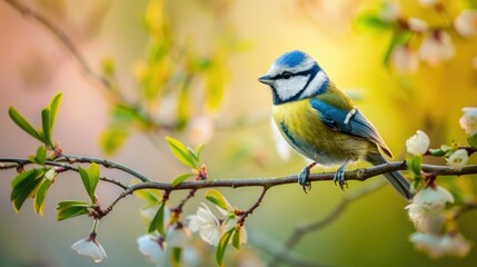 Blue tit perched on a green twig during the spring season