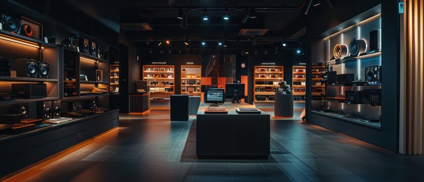 dark store with high end tech products on display, LED lighting, wooden shelves and displays