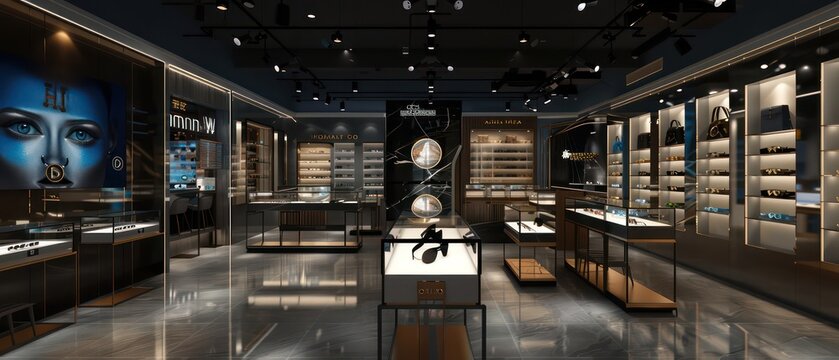 dark store with high end tech products on display, LED lighting, wooden shelves and displays