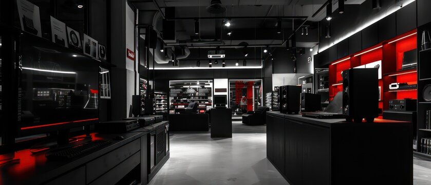 dark store with high end tech products on display, LED lighting, wooden shelves and displays