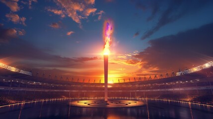 Close-up of the olympic torch lit with a vibrant flame, representing the spirit of the games